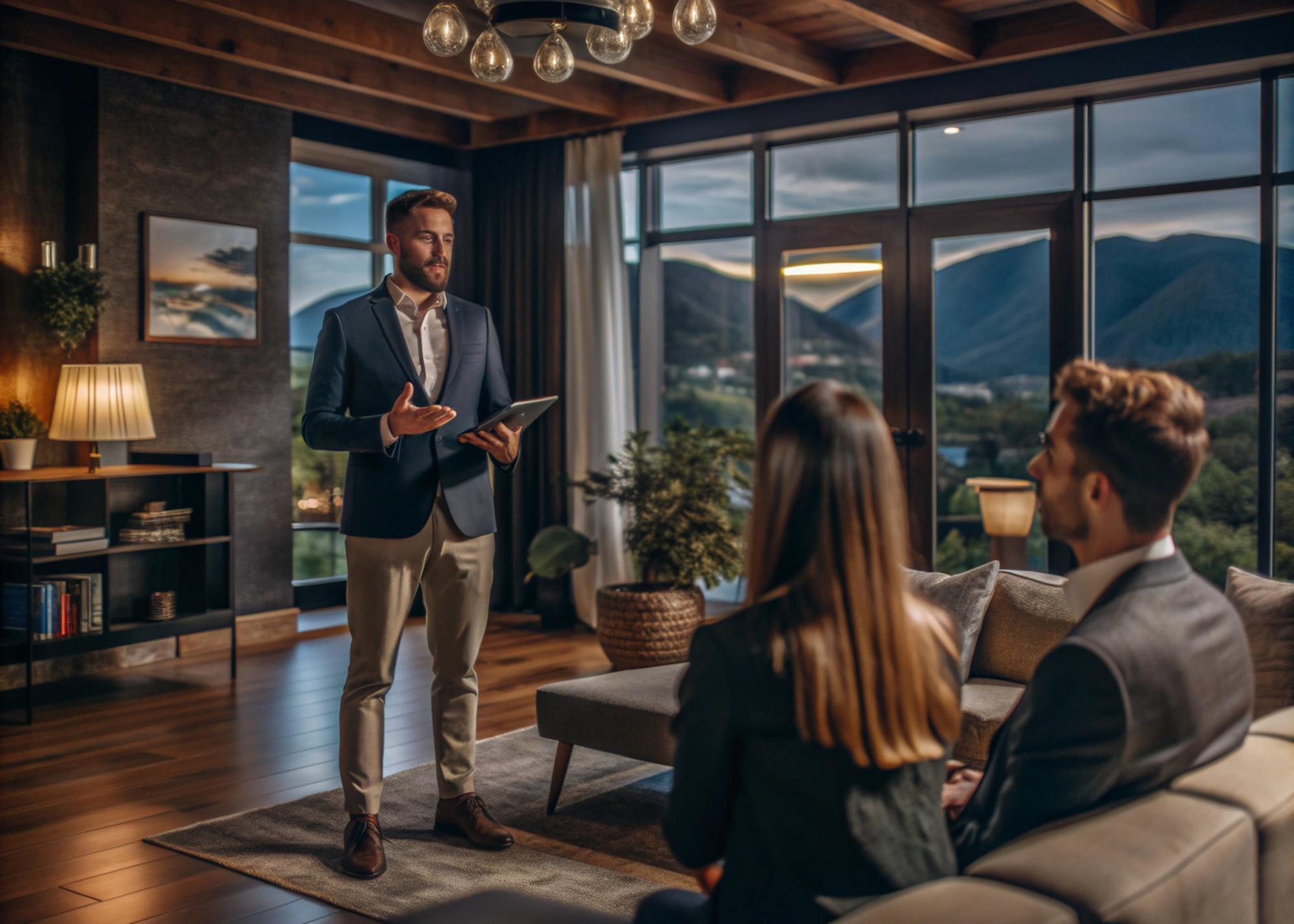 Agent imobiliar discutând detalii cu proprietarul într-un apartament luminos